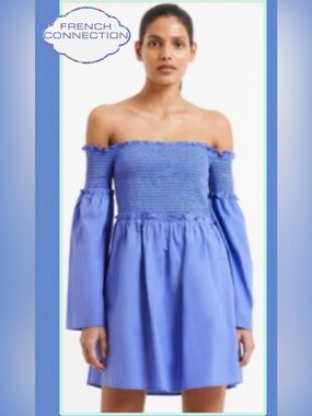 NWT French Connection Rhodes Conscious Poplin Bardot Mini Dress Baja Blue Small